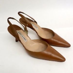 Manolo Blahnik Cognac Leather Carolyne Slingback